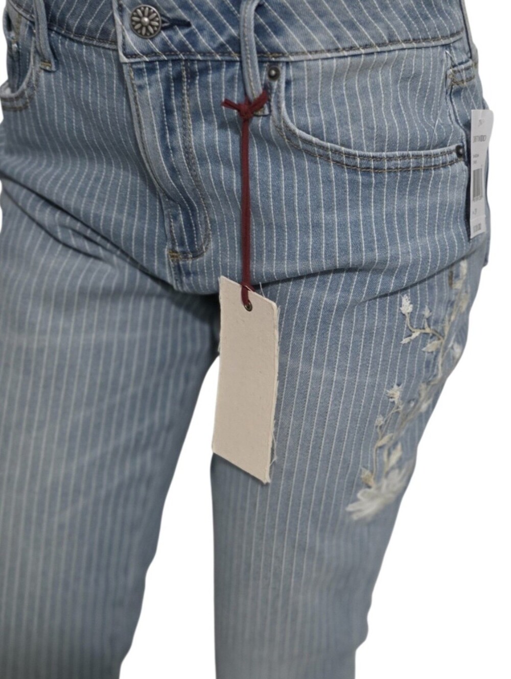 DRIFTWOOD Light Blue Pinstripe Skinny Jeans with White Floral Embroidery NWT - Picture 4 of 15